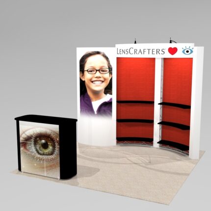 Curved wall with shelving trade show exhibit design EAS10 Graphic Package B
