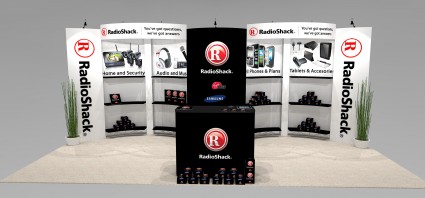 Trade show display rental with shelving with curved design PAC1020_view1