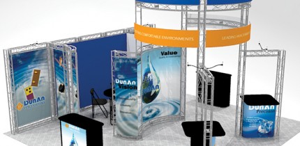 The SIE2020 trade show exhibit rental with a welcoming display space and a semi-private meeting area