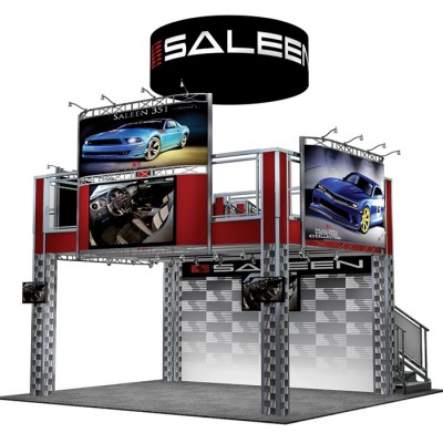 Turn key multi-level double deck trade show exhibit rental with hanging sign in las vegas top view
