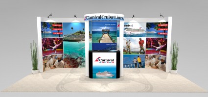A 20 ft. trade show exhibit design, the MAR1020 is a bold graphic view with a curved header for a bold impression.
