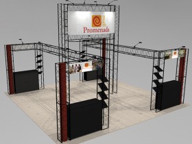 Turnkey trade show exhibit rental design with open floor plan and four counters