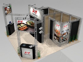 Turnkey trade show exhibit rental in las vegas with two meeting rooms and reception counter