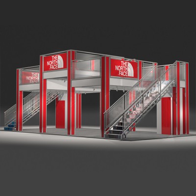Turnkey trade show triple deck rental design with two staircases