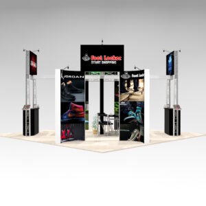 The FRA2020 Island Trade Show Display rental is used to displayclothing, jewelry or products needing slat wall for hanging or shelving. Bold and customizable signage promotes excellent visibility for branding throughout the trade show floor. View 3