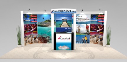 A 20 ft. trade show exhibit design, the MAR1020 is a bold graphic view with a curved header for a bold impression. View 1