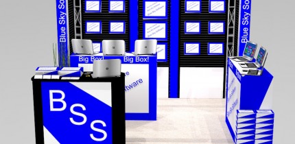 Slat wall trade show exhibit design TIB10 design balances product display space and graphics including merchandising counter, lighting and bold header graphic-View 1