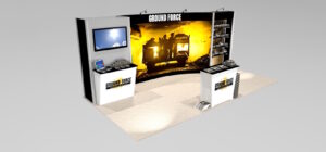 IM2_20 ft trade show display with product display, storage space, flat screen workstation and oversize trade show graphics used for rentals in las vegas