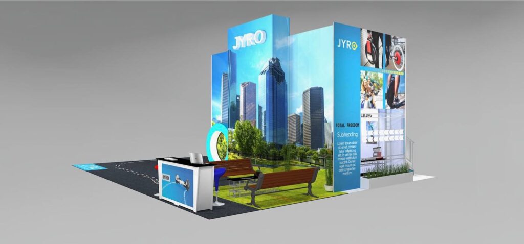 Front corner view of spectacular Double Deck exhibit rental design with walls all around and contemporary lighting inside in lower level office