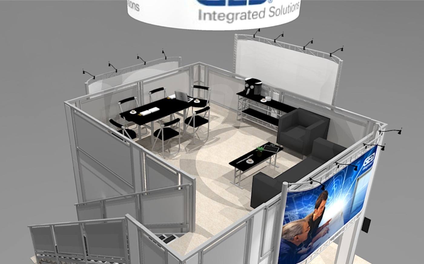 trade show rental design for 20 ft. Island trade show booth space showing top floor view