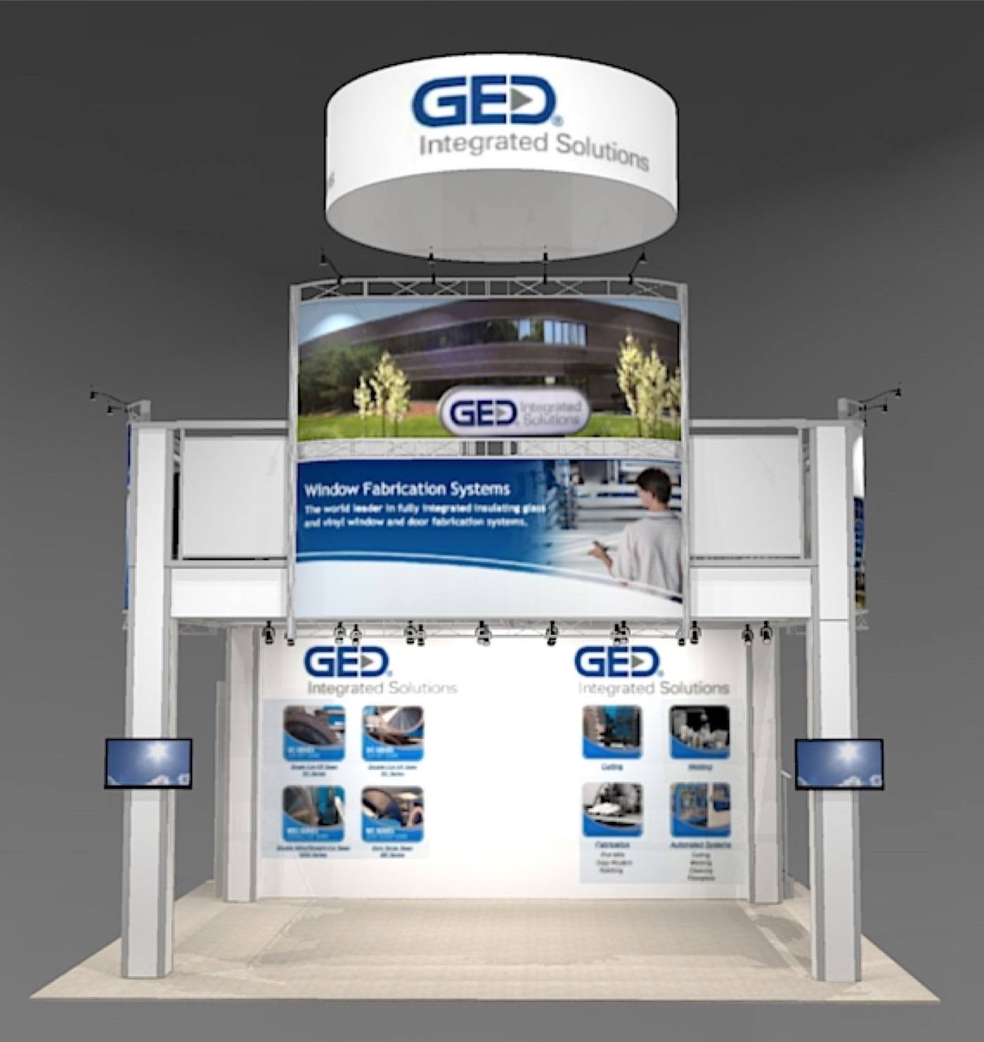 trade show rental design for 20 ft. Island trade show booth space showing top floor front view