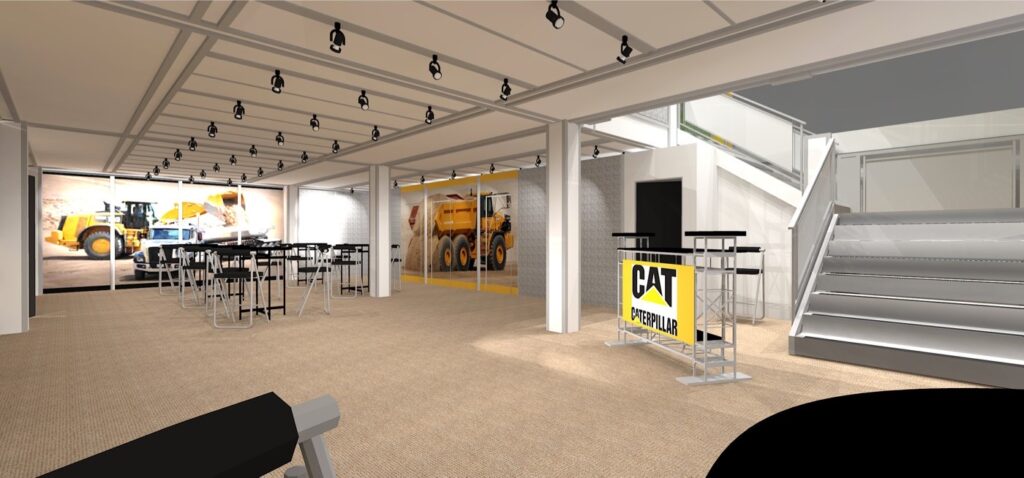 two story trade show rental design showing large lower level offices and special staircase at ConExpo Trade Show