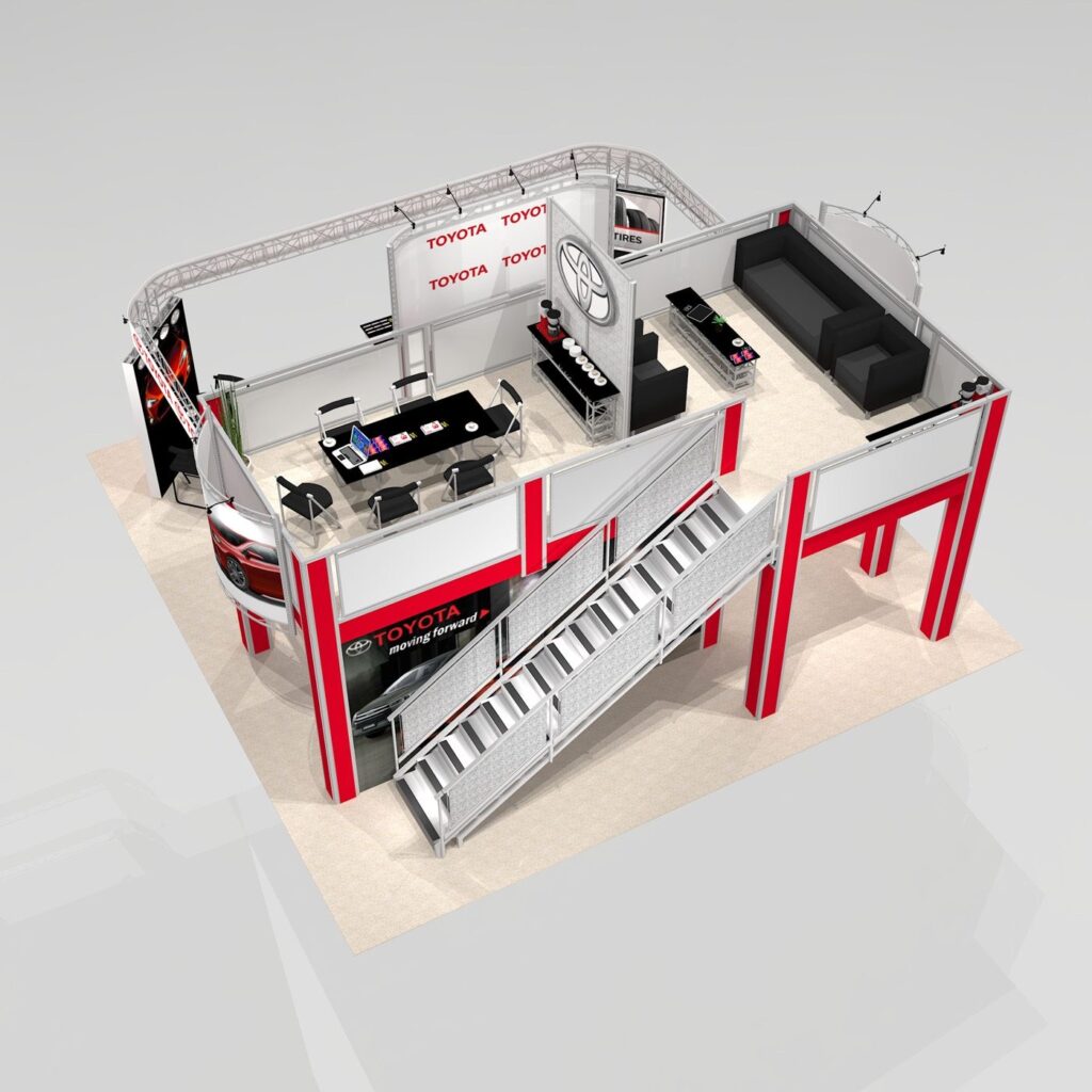 two story exhibit 30 ft. Island booth rental design