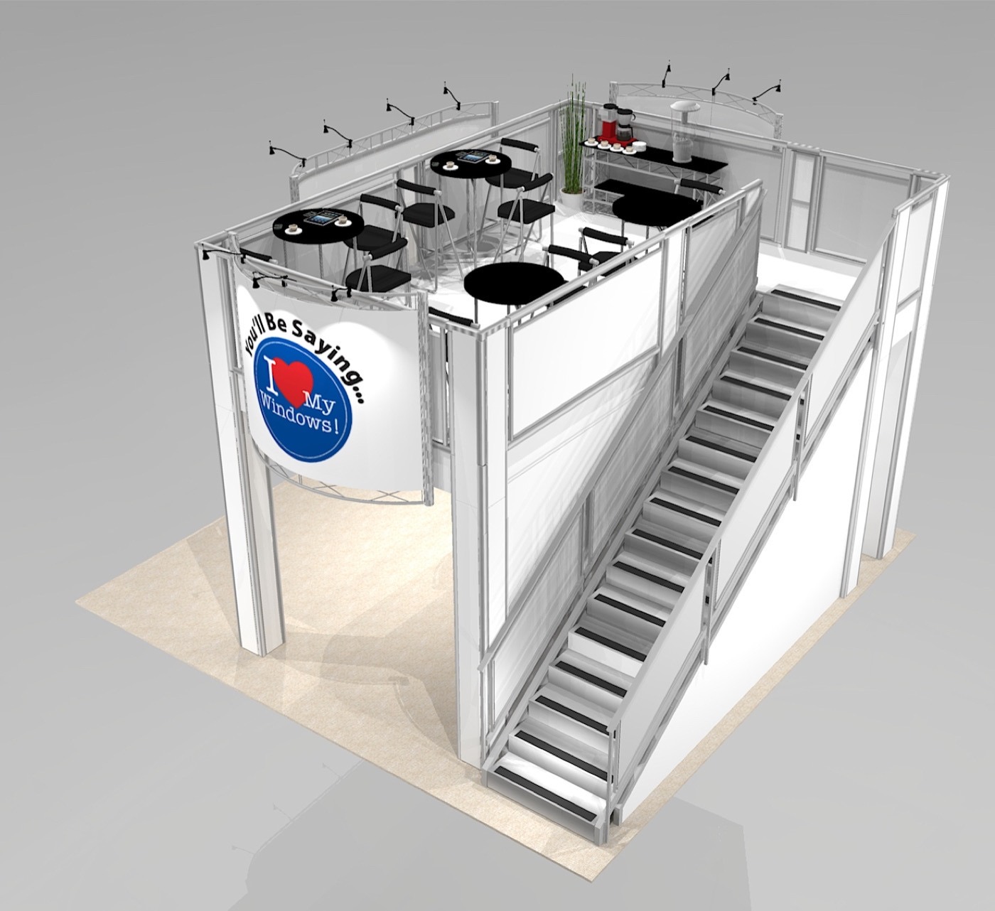 Double deck trade show exhibit structure with stairs located in the back for turnkey rental in Las Vegas