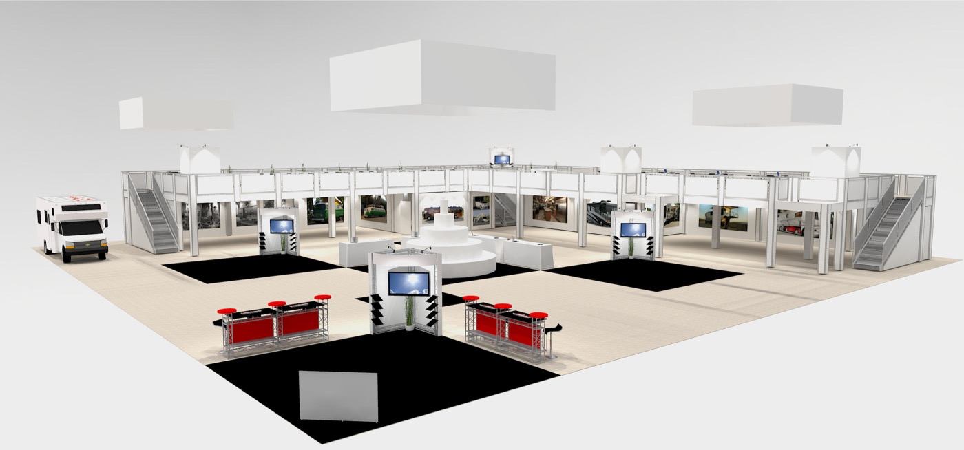 large double deck exhibit design with offices on lower level