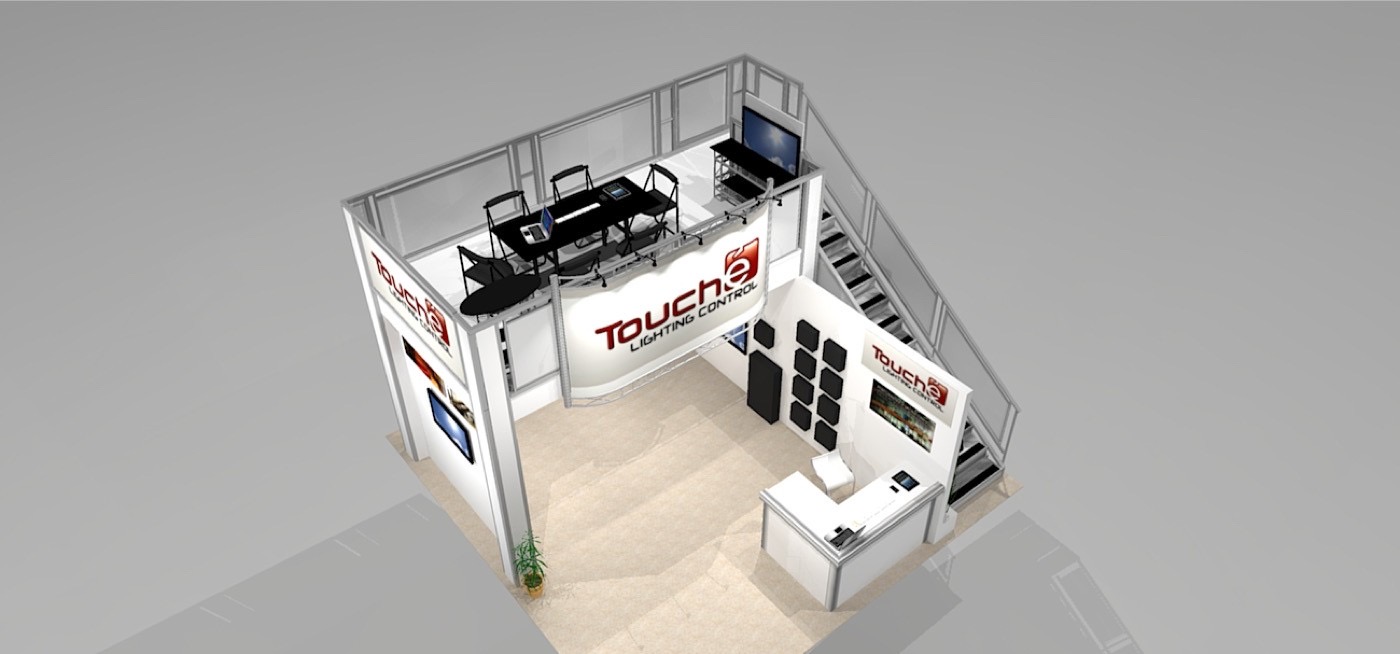 two story trade show booth rental design with extra graphic walls