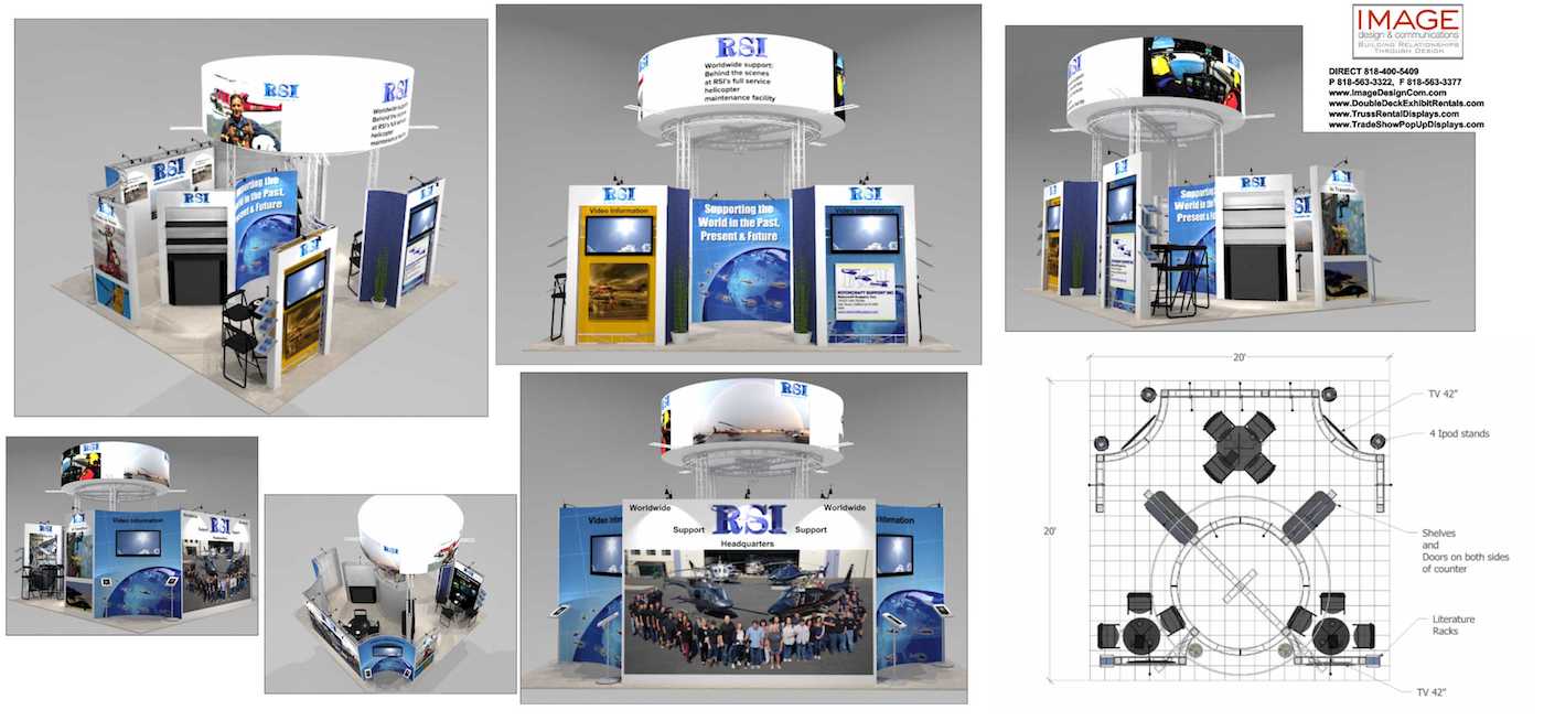 20x20 trade show rental exhibit features circular signage_storage large format graphics and work stations