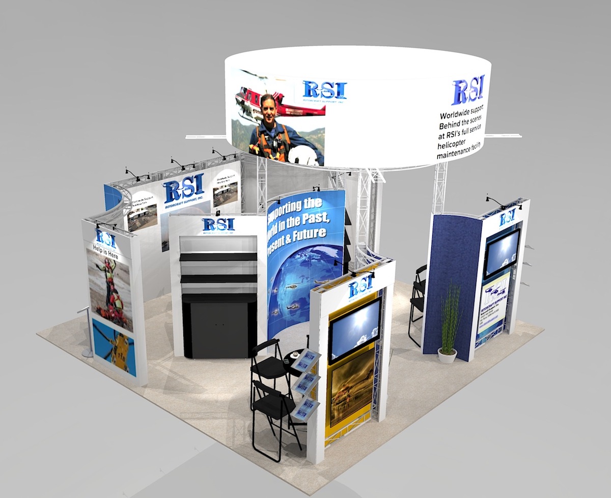 20x20 custom looking trade show rental exhibit features circular signage storage large format graphics and work stations