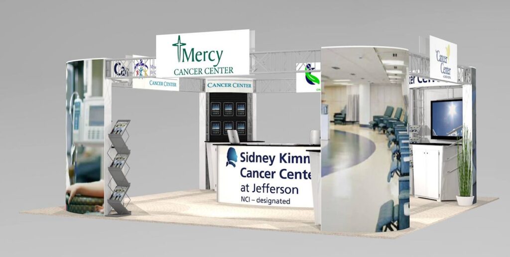 TurnKey Trade show exhibit design with storage and corner overhead graphics