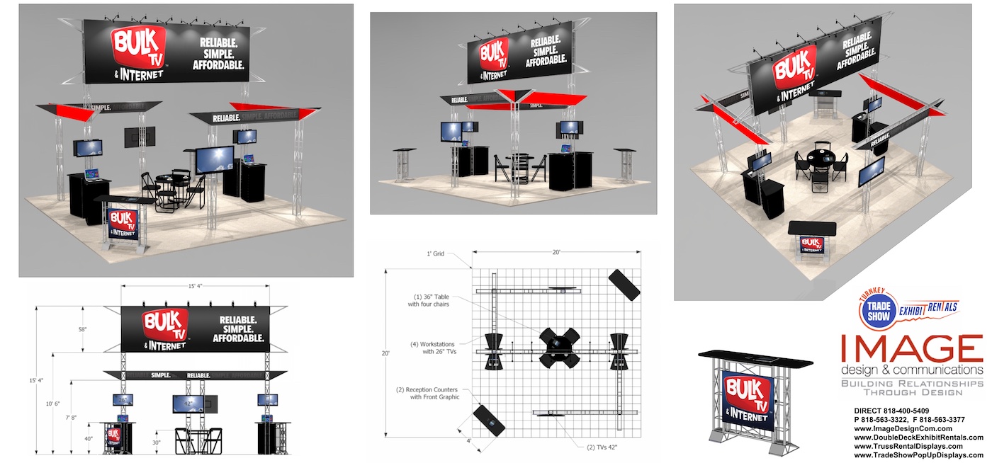 Tall trade show exhibit design for rent in Las Vegas with super sized billboard graphics and bridge headers to ake a bold impression