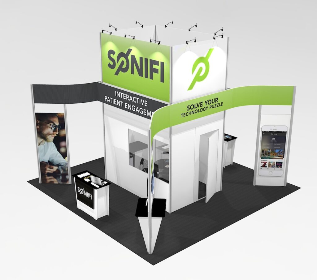 im29 this exhibit rental design highlights a 16 ft. tall center tower for storage and large locking windowed conference room