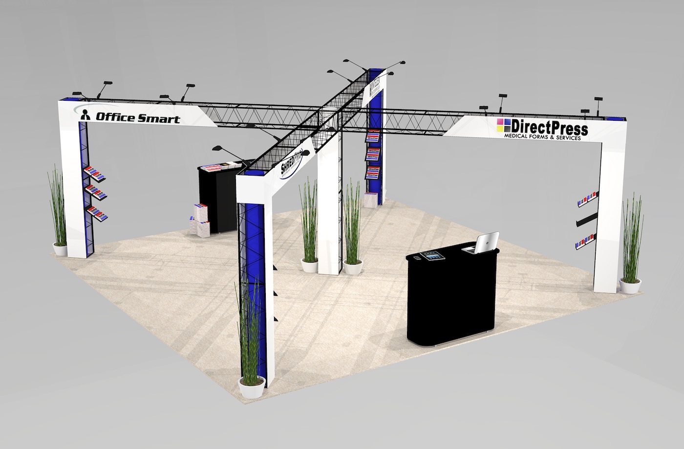 Trade show exhibit rental design has a tool less set up and has a very flexible design headers on all sides plus two display podium counters and literature shelves