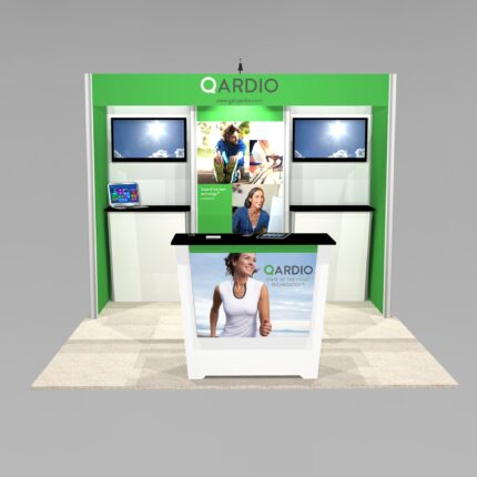 New design for trade show rental exhibit with two flat screen workstations and storage space