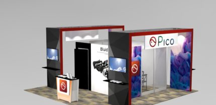 Impressive trade show island rental booth design with meeting room and tall mural graphiIcs
