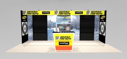 Slatwall trade show display design for 20 ft. with large graphics for custom rental.