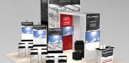 Impressive new trade show island booth design with large graphics for rent