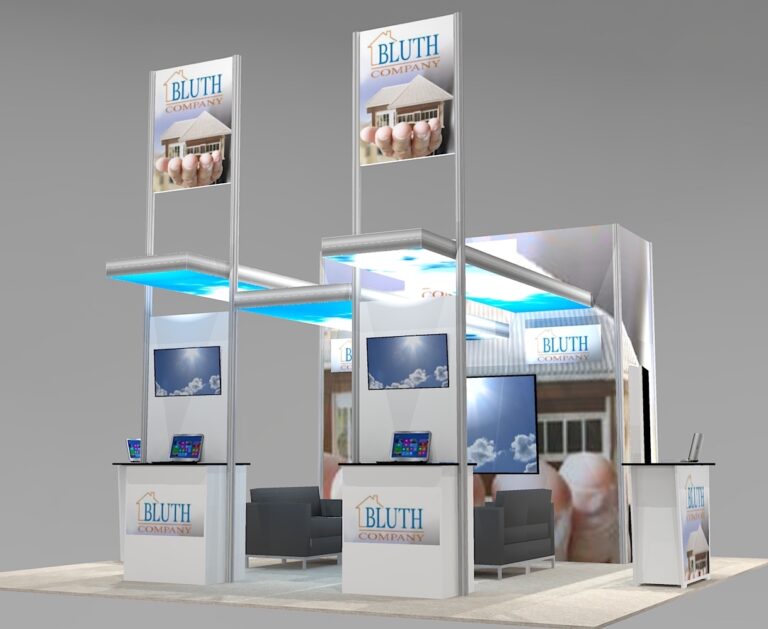 Impressive trade show island booth design rental