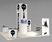 20x20 island booth space exhibit with meeting space