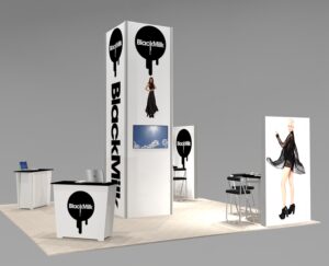 20x20 island booth space exhibit with meeting space