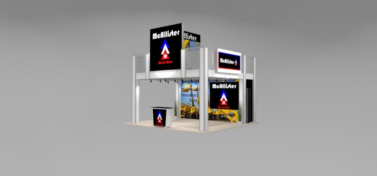 Two Story Rental Exhibit for 20 ft Trade Show Booth Space with Two Meeting Rooms and Backlit Logo Graphic