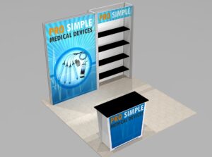 Product Display Booth Design with Shelving and Locking Storage