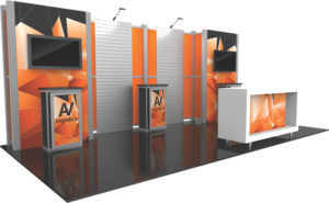 Trade show display designs with flat screens and slatwall