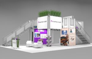 Open Floorplan Double Deck Exhibit Design With Giant Backlit Logo Sign